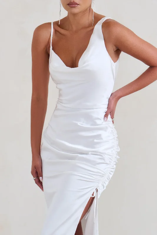 Belonging | White Ruched Cowl Maxi Dress