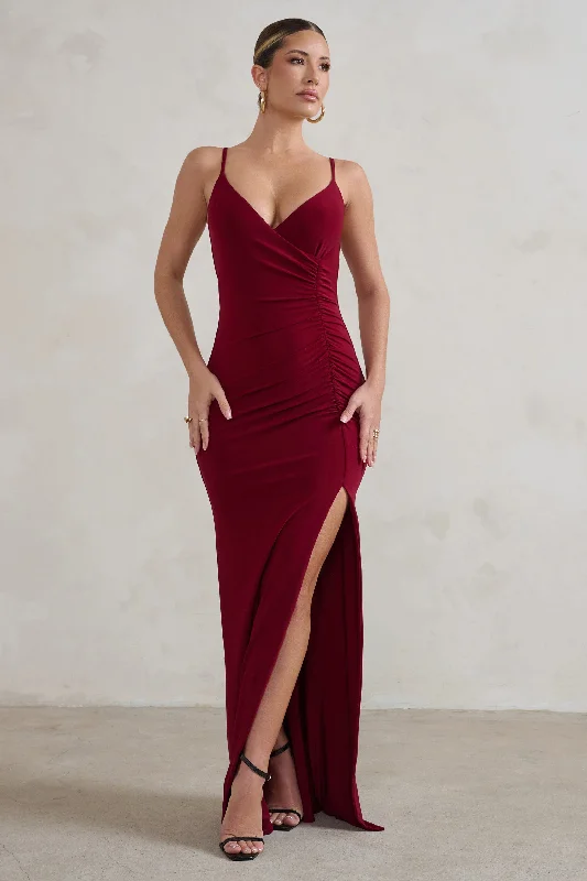 Jeanne | Berry Red Plunge Ruched Cami Maxi Dress With Split