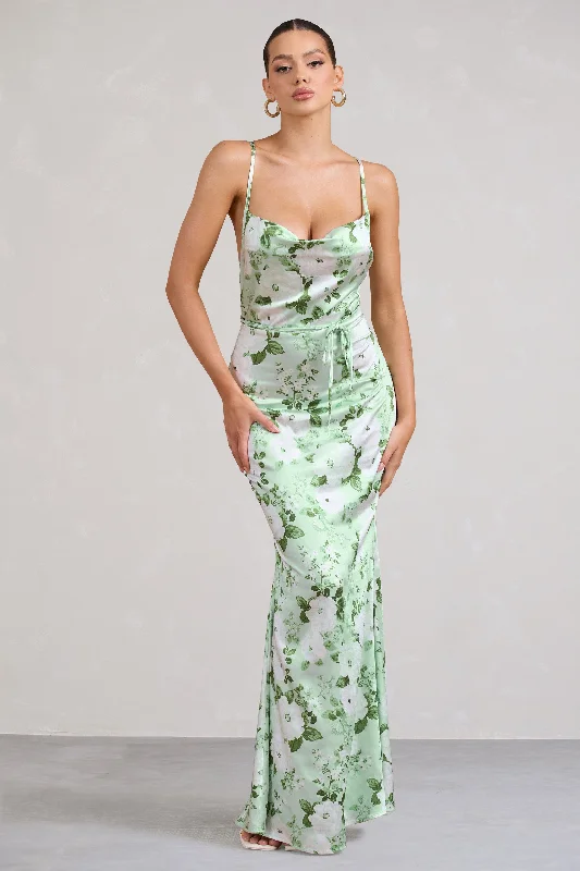 Lifetime | Green Floral Print Satin Cowl Neck Maxi Dress With Cross Back Detail