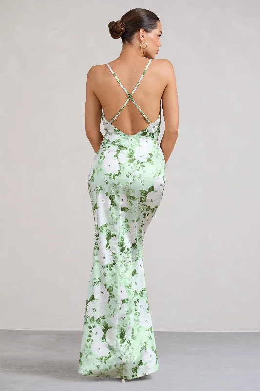 Lifetime | Green Floral Print Satin Cowl Neck Maxi Dress With Cross Back Detail