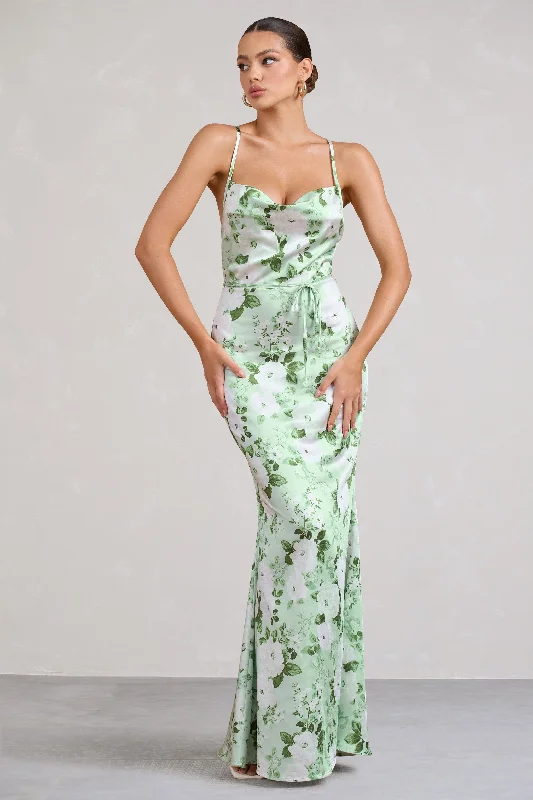 Lifetime | Green Floral Print Satin Cowl Neck Maxi Dress With Cross Back Detail