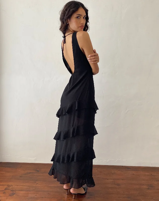 Otna Ruffle Detail Chiffon Maxi Dress in Black