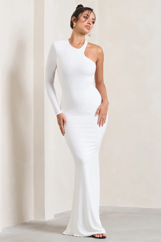 Tyra | White Asymmetric Neck Cut Out Maxi Dress With Open Back Detail