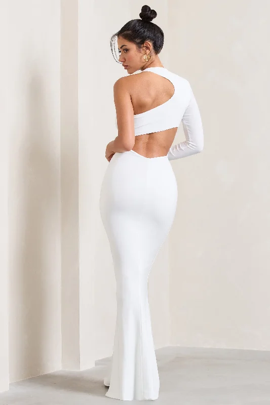 Tyra | White Asymmetric Neck Cut Out Maxi Dress With Open Back Detail