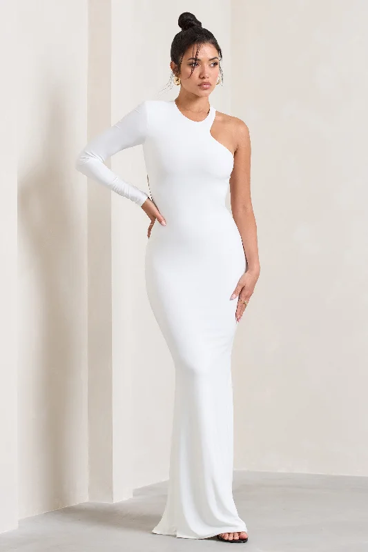 Tyra | White Asymmetric Neck Cut Out Maxi Dress With Open Back Detail