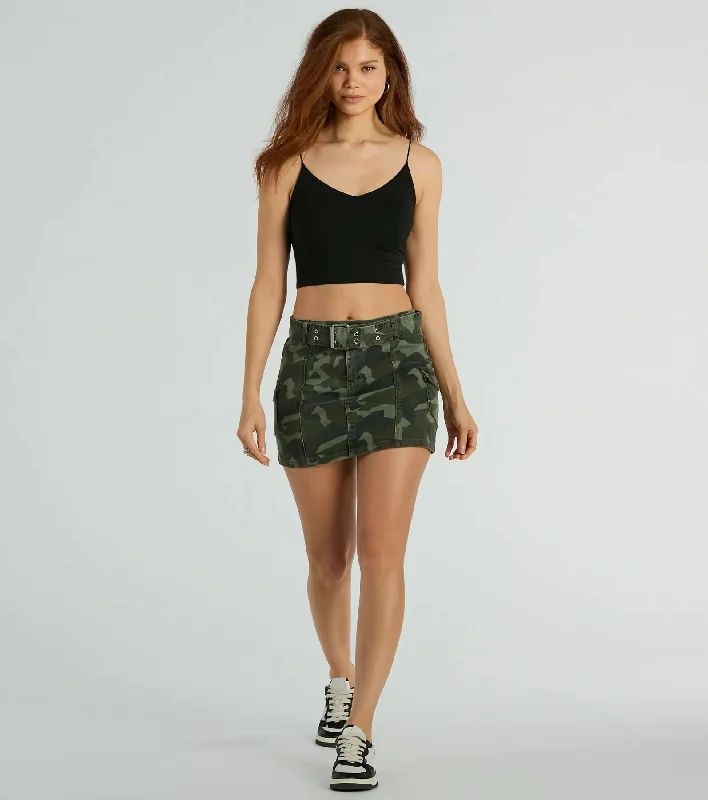 Cadet Girlie Mid-Rise Belt Camouflage Mini Skirt