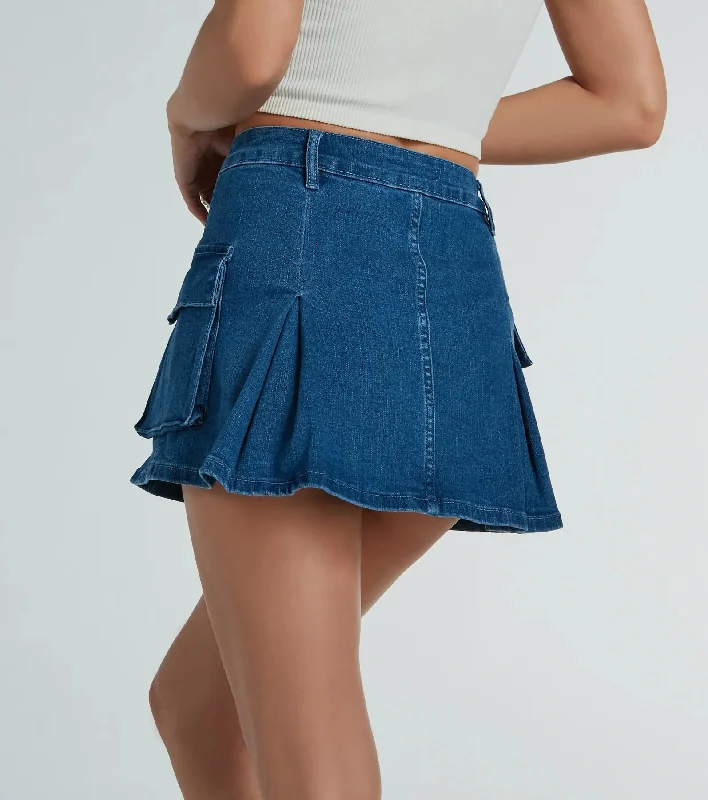 Channel Cute Mid-Rise Pleated Denim Mini Skirt