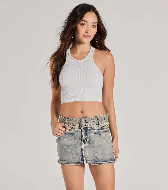 Cute Effect Mid-Rise Belted Denim Mini Skort