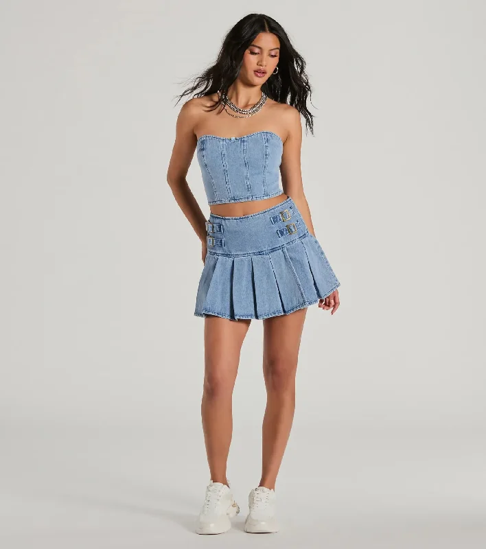 Flirty Duo High-Rise Buckle Pleated Denim Mini Skirt