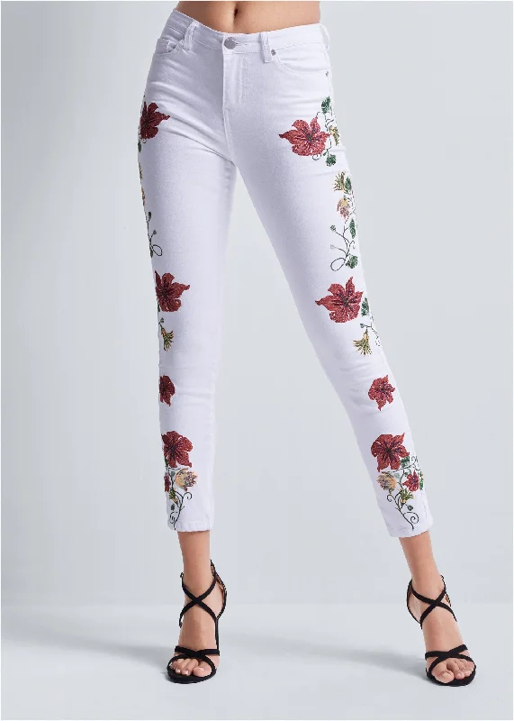 Cropped floral embroidered jeans - White Multi