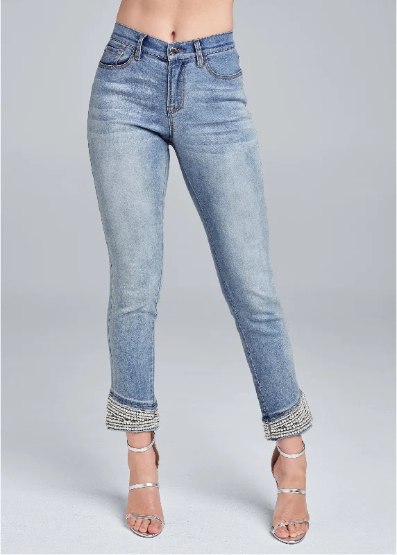 Cropped pearl cuff jeans - Medium Wash