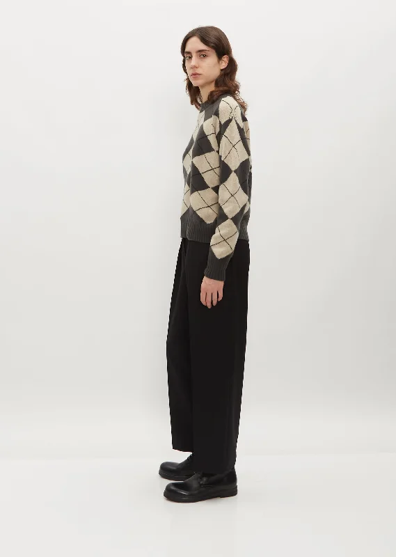 Oversized Merino Cashmere Argyle Jumper — Khaki/Ecru