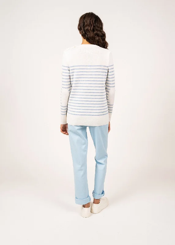 Bregançon striped sailor jumper - solid elbow patches, in wool (BLANC/CIEL CHINE)