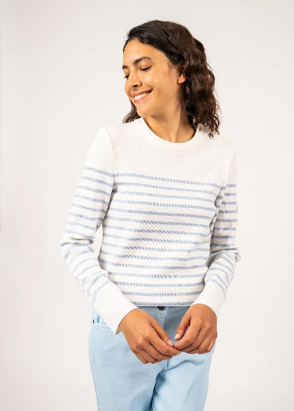 Bregançon striped sailor jumper - solid elbow patches, in wool (BLANC/CIEL CHINE)