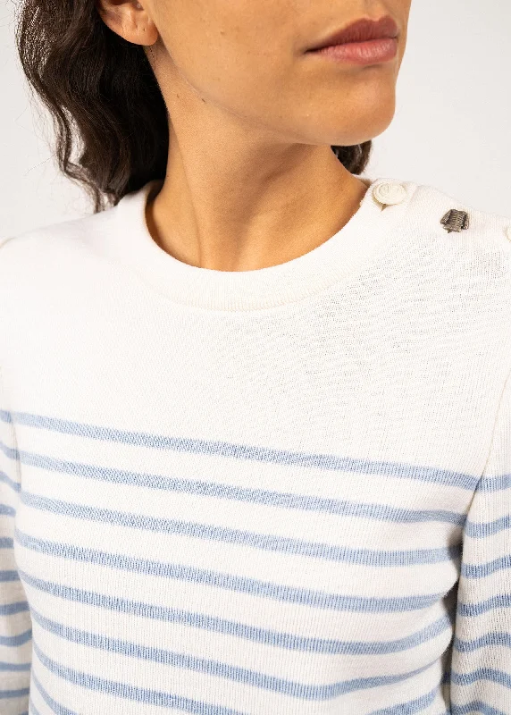 Bregançon striped sailor jumper - solid elbow patches, in wool (BLANC/CIEL CHINE)