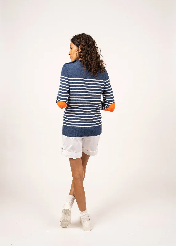 Brégançon striped sailor jumper - with contrasting elbow patches (JEAN/BLANC/ORANGE FLUO)