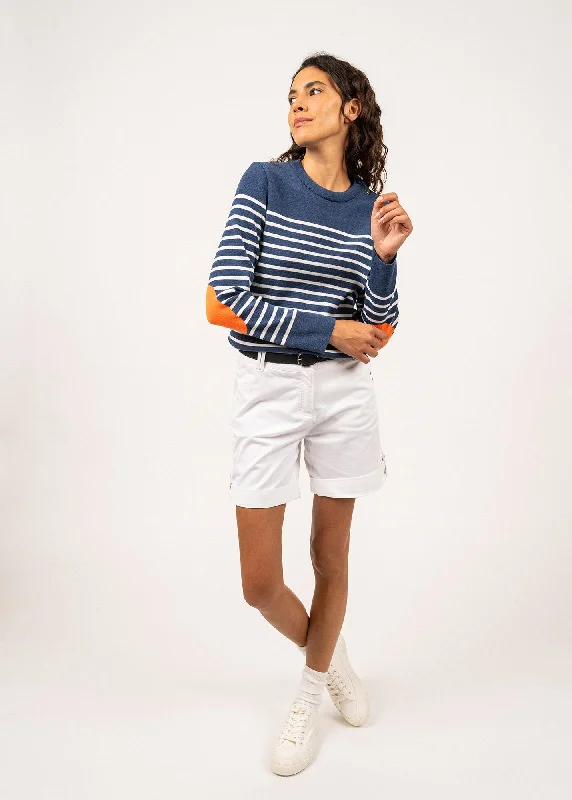 Brégançon striped sailor jumper - with contrasting elbow patches (JEAN/BLANC/ORANGE FLUO)