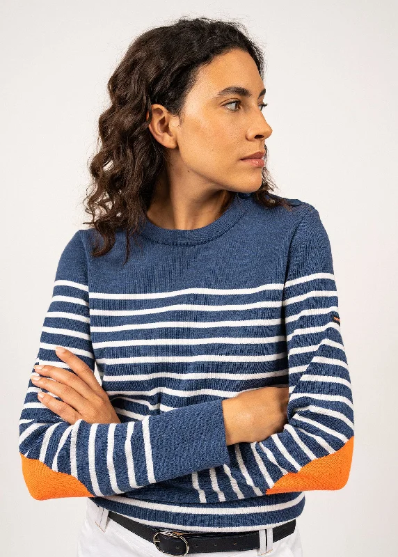 Brégançon striped sailor jumper - with contrasting elbow patches (JEAN/BLANC/ORANGE FLUO)