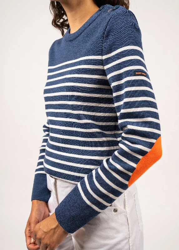 Brégançon striped sailor jumper - with contrasting elbow patches (JEAN/BLANC/ORANGE FLUO)