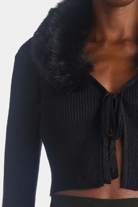 Faux Fur Collared Rib Knit Sweater