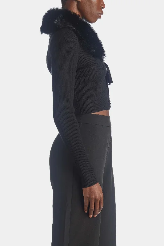 Faux Fur Collared Rib Knit Sweater