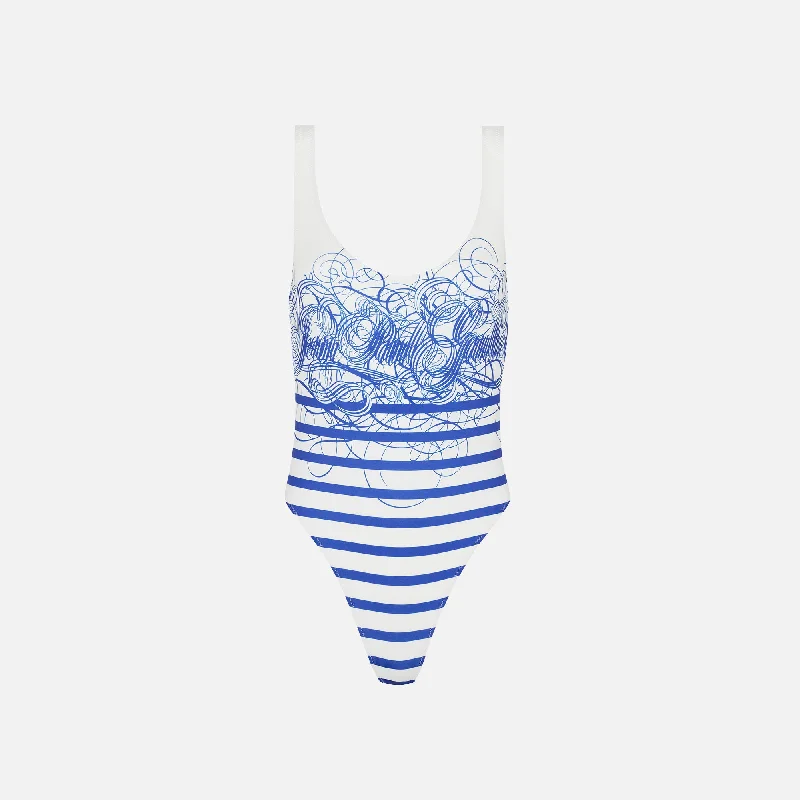 Jean Paul Gaultier Marinière Calligraphe Printed Jersey Swimsuit - White / Navy