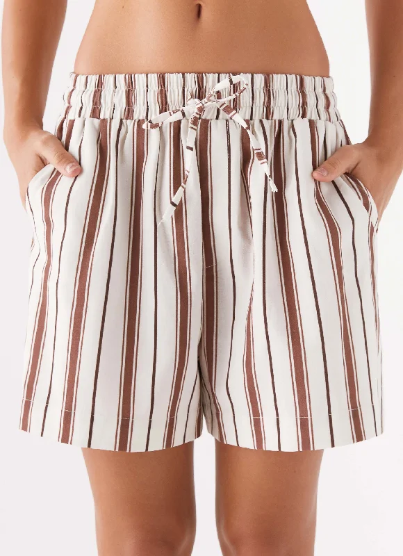 Kristen Linen Drawstring Shorts - Brown Stripe