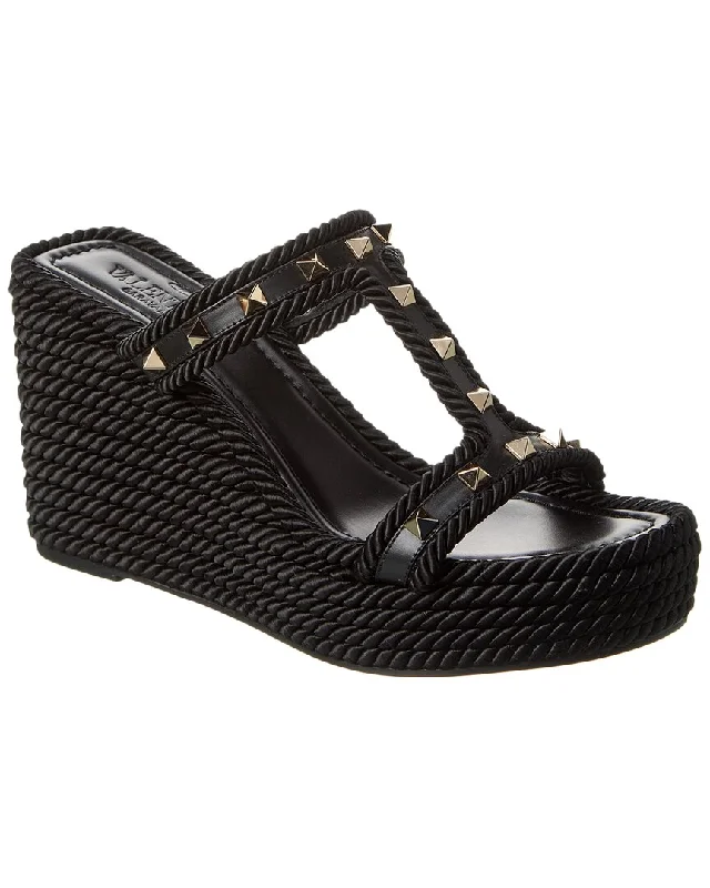 Valentino Rockstud 90 Leather & Rope Wedge Sandal