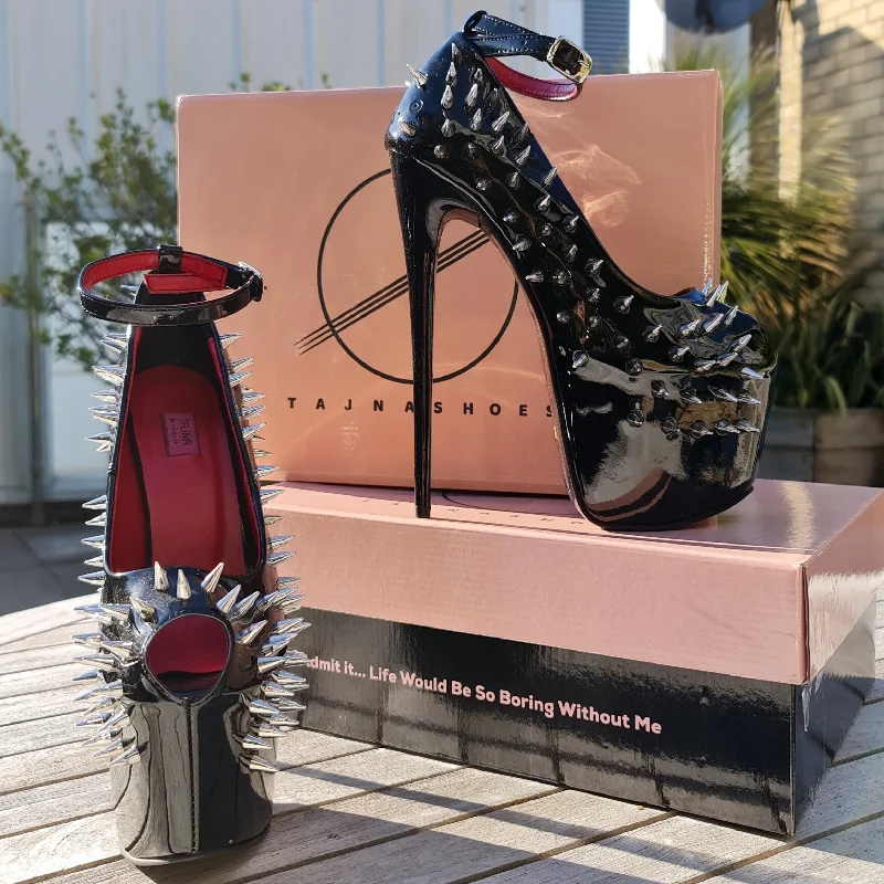 Black  Gloss Spike Studded Ankle Strap Heels