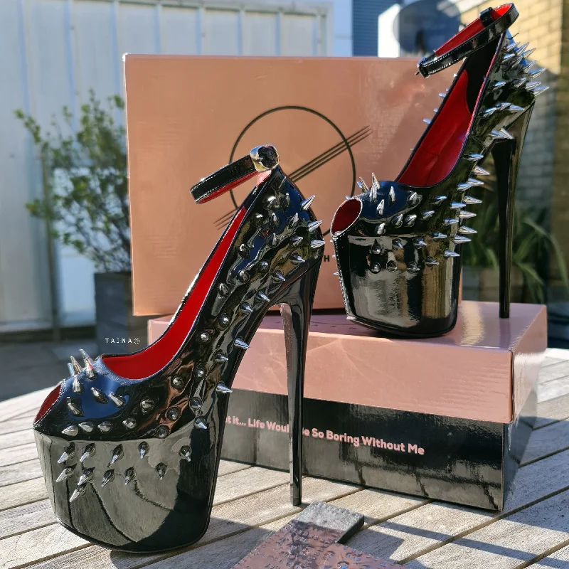 Black  Gloss Spike Studded Ankle Strap Heels