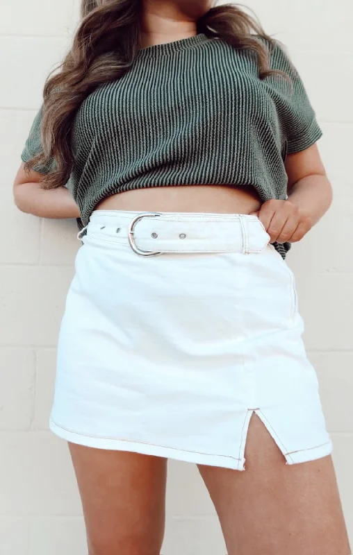 Belted Denim Slit Skirt