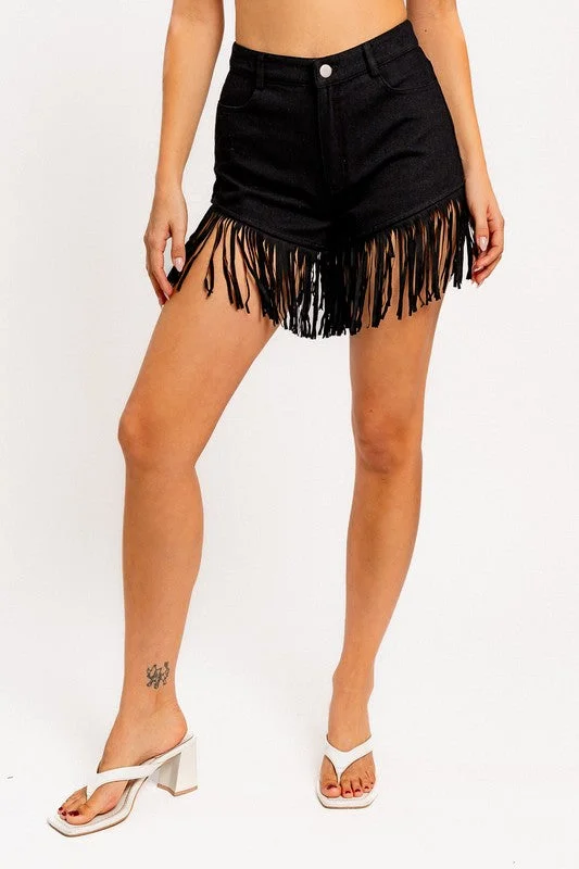 Fringe Trim Denim Shorts