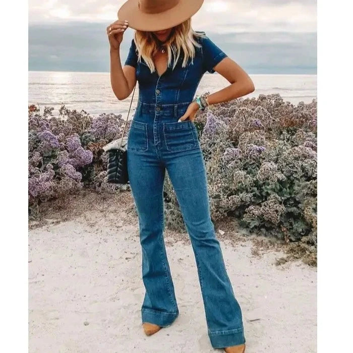 Women's Bellbottom Denim Jumpsuit in Medium Wash