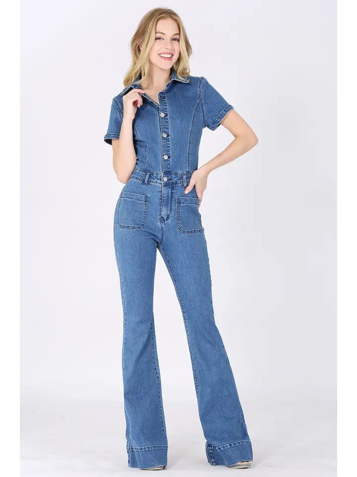 Women's Bellbottom Denim Jumpsuit in Medium Wash