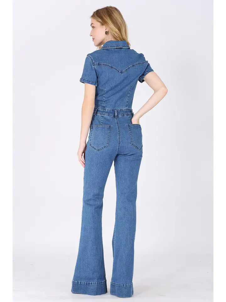 Women's Bellbottom Denim Jumpsuit in Medium Wash