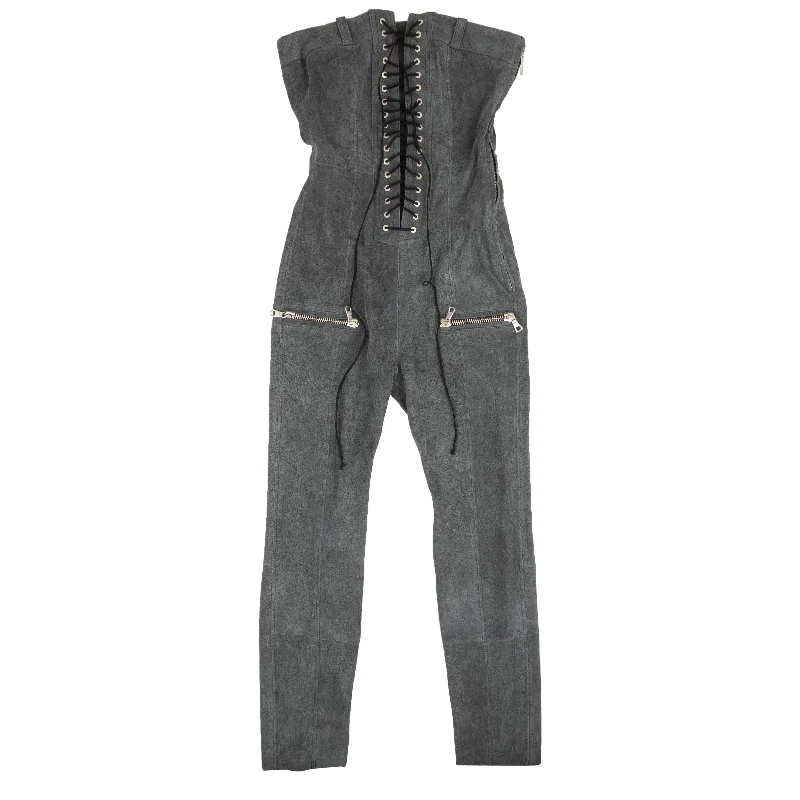 UNRAVEL PROJECT Grey Leather Lace Up Strapless Jumpsuit