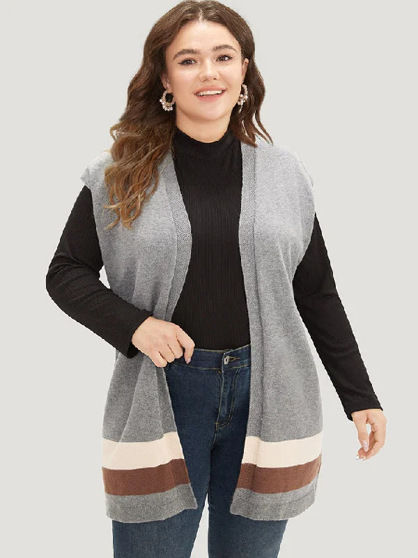 Colorblock Contrast Sleeveless Open Front Tunic Cardigan