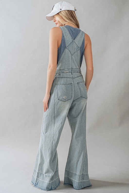 Women's Distressed Wide Leg Flare Denim Overalls in Light Wash