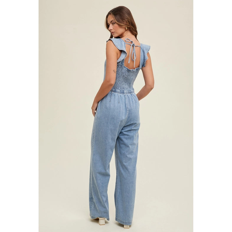 Women's Ruffle Open Back Denim Jumpsuit in Light Wash