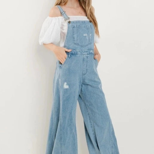 Women's Distressed Wide Leg Denim Overalls in Light Wash