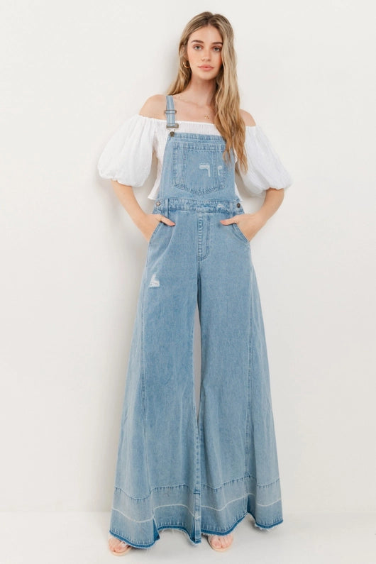 Women's Distressed Wide Leg Denim Overalls in Light Wash