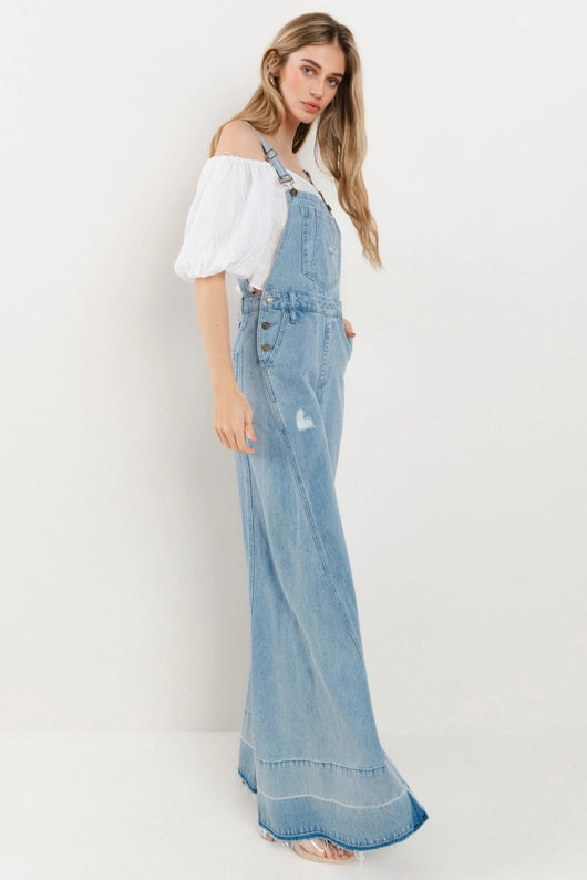 Women's Distressed Wide Leg Denim Overalls in Light Wash