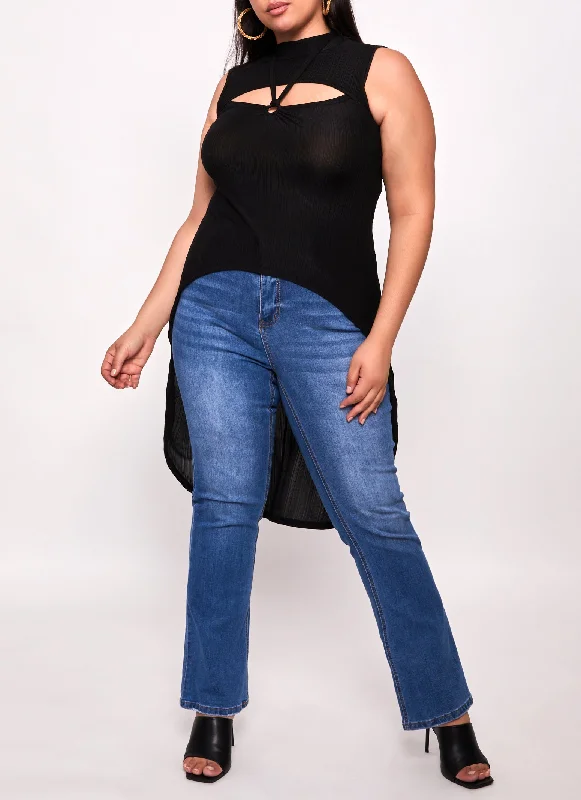 Plus Size Ribbed O Ring Cut Out High Hem Top