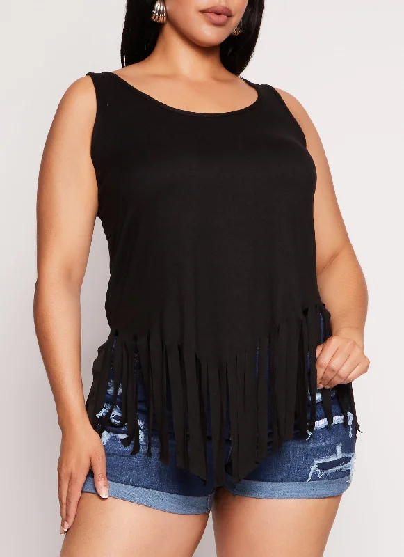 Plus Size Scoop Neck Fringe Hem Tank Top