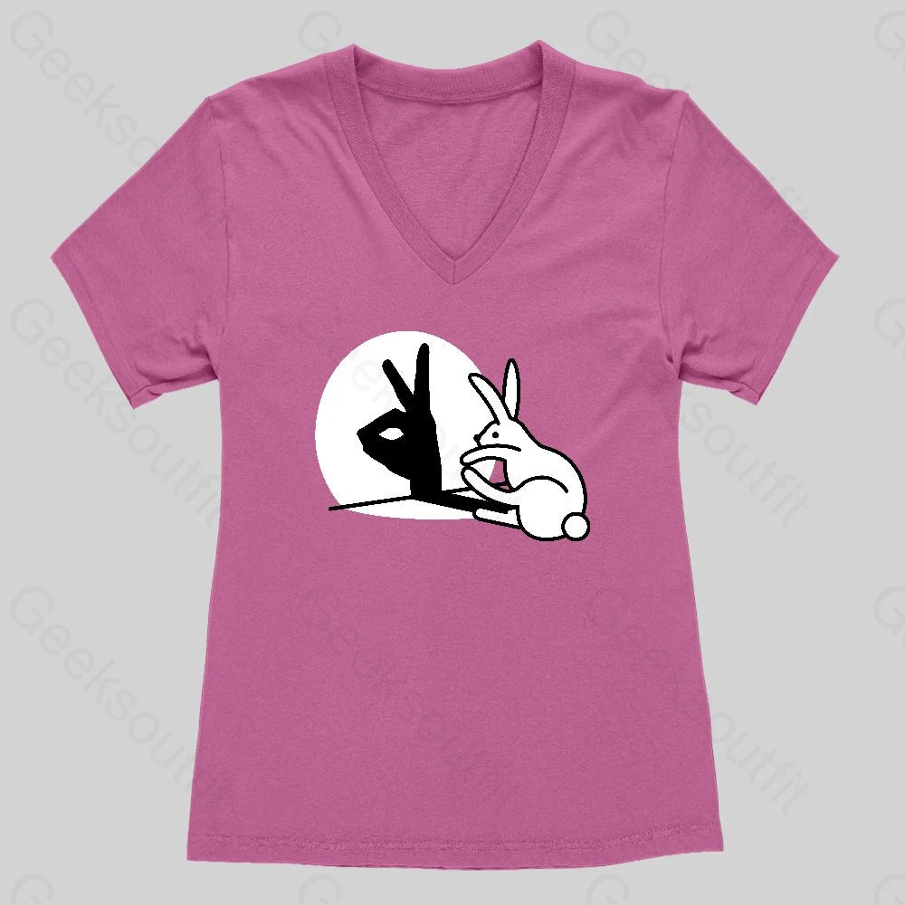 Funny Rabbit Hand Shadow Puppets Bunny Figure Pop Art Women's V-Neck T-shirt