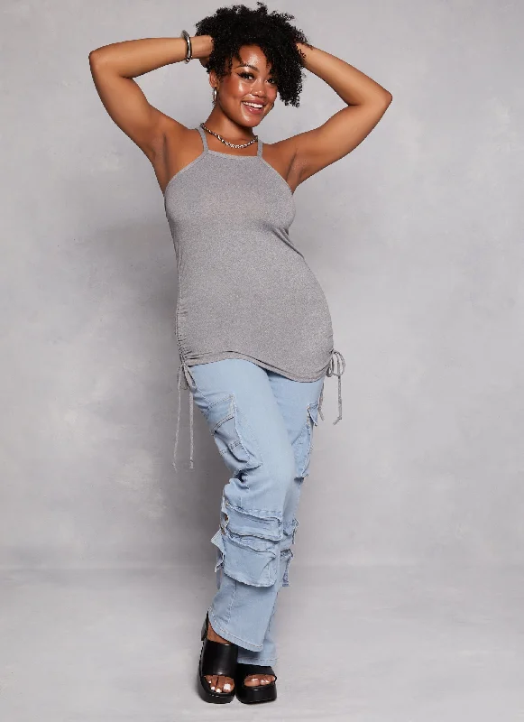 Plus Size Drawstring Ruched High Neck Tank Top