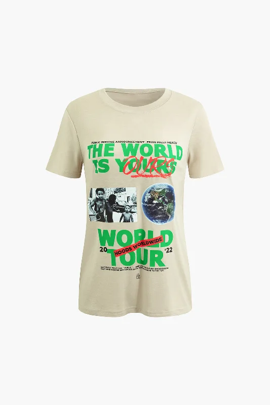 Letter & World Graphic Round Neck T-Shirt