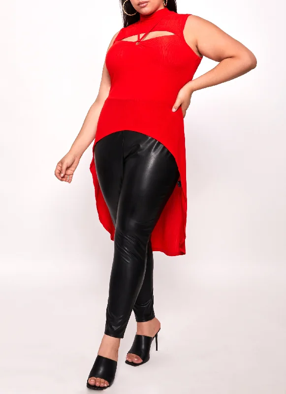 Plus Size Ribbed O Ring Cut Out High Hem Top