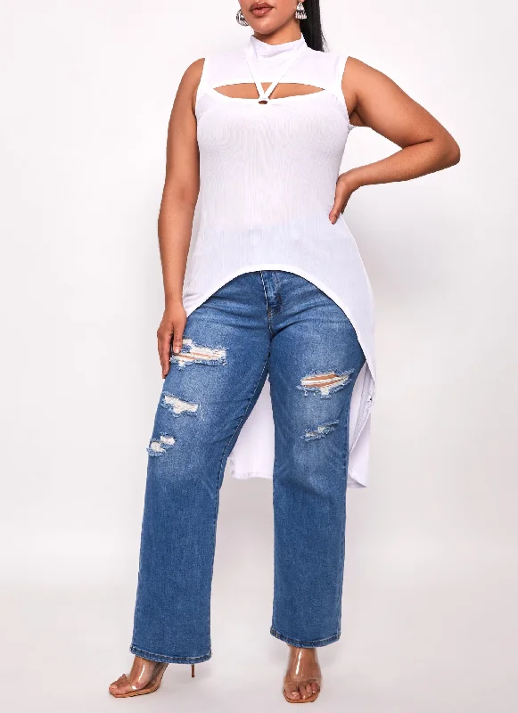 Plus Size Ribbed O Ring Cut Out High Hem Top