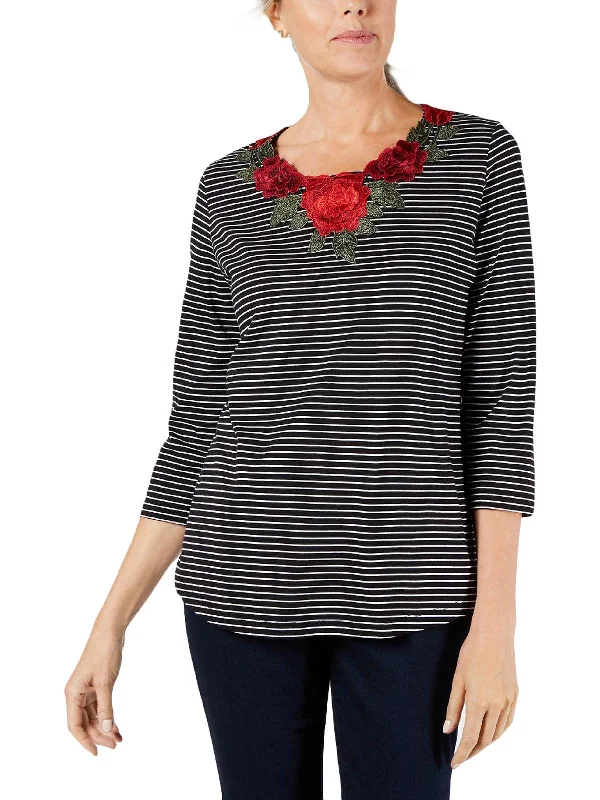 Womens Striped Embroidered Pullover Top